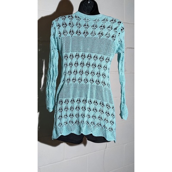 Crochet Knit Cardigan Duster Sweater Open Front Long Sleeve Aqua Blue Small - Picture 3 of 3